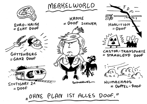 Cartoon: Lage der Merkelworld (medium) by Schwarwel tagged angela,merkel,politik,lage,nation,polititker,deutschland,regierung,euro,krise,finanzen,krone,koalition,partei,fdp,cdu,spd,guttenberg,castor,atom,stuttgart,21,klima,chaos,natur,umwelt,zerstörung,karikatur,schwarwel,klimawandel,globale,erwärmung,angela merkel,lage,nation,deutschland,regierung,euro,krise,finanzen,krone,koalition,partei,fdp,cdu,guttenberg,castor,atom,stuttgart,angela,merkel