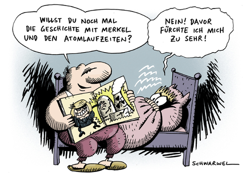 Cartoon: Laufzeitverlängerung der AKWs (medium) by Schwarwel tagged laufzeitverlängerung,akws,angela,merkel,atom,atomkraftwerk,atomlaufzeit,angst,furcht,karikatur,schwarwel,laufzeitverlängerung,akw,angela merkel,atom,atomlaufzeit,angst,furcht,atomkraft,energie,umwelt,angela,merkel