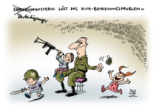 Cartoon: Lösung Kita Betreuungsproblem (medium) by Schwarwel tagged lösung,kita,betreuungsproblem,kindergarten,kindertagesstätte,rechtsanspruch,verteidigungsministerin,familienministerin,von,der,leyen,betreuung,aufsicht,betreuungsschlüssel,bundesweit,soldat,armee,bundeswehr,waffe,krieg,frieden,karikatur,schwarwel,lösung,kita,betreuungsproblem,kindergarten,kindertagesstätte,rechtsanspruch,verteidigungsministerin,familienministerin,von,der,leyen,betreuung,aufsicht,betreuungsschlüssel,bundesweit,soldat,armee,bundeswehr,waffe,krieg,frieden,karikatur,schwarwel