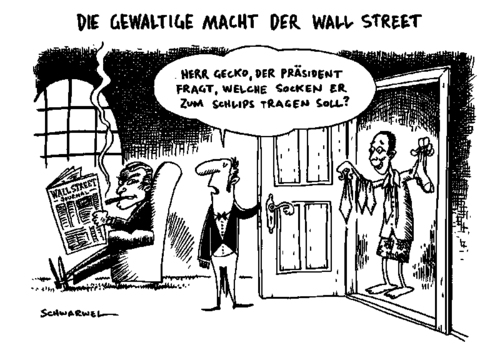 Cartoon: Macht der Wallstreet und Obama (medium) by Schwarwel tagged wallstreet,macht,obama,reform,amerika,bank,karikatur,schwarwel