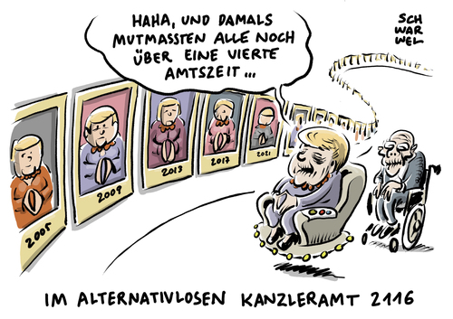 Cartoon: Merkel vierte Amtszeit (medium) by Schwarwel tagged bundeskanzlerin,angie,angela,merkel,deutsch,deutsche,deutschland,politik,vierte,amtszeit,umfrage,bundestagswahl,kandidatur,karikatur,schwarwel,bundeskanzlerin,angie,angela,merkel,deutsch,deutsche,deutschland,politik,vierte,amtszeit,umfrage,bundestagswahl,kandidatur,karikatur,schwarwel