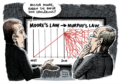 Cartoon: Moores Law wird 50 (medium) by Schwarwel tagged moore,law,gesetz,faustregel,komplexibilität,schaltkreis,minimal,komponenten,kosten,karikatur,schwarwel,moore,law,gesetz,faustregel,komplexibilität,schaltkreis,minimal,komponenten,kosten,karikatur,schwarwel