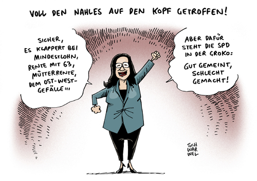 Cartoon: Nahles verteidigt Arbeitsprojekt (medium) by Schwarwel tagged andrea,minister,arbeitsministerin,koalition,große,groko,west,ost,rente,mindestlohn,schwarwel,karikatur,arbeitsprojekte,nahles,spd,groko,große,koalition,arbeitsministerin,minister,andrea,nahles,arbeitsprojekte,karikatur,schwarwel,mindestlohn,rente,ost,west,spd