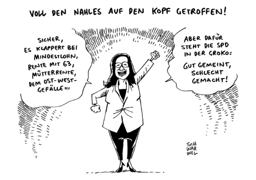 Cartoon: Nahles verteidigt Arbeitsprojekt (medium) by Schwarwel tagged spd,west,ost,rente,minister,arbeitsministerin,koalition,große,groko,mindestlohn,schwarwel,karikatur,arbeitsprojekte,nahles,andrea,groko,große,koalition,arbeitsministerin,minister,andrea,nahles,arbeitsprojekte,karikatur,schwarwel,mindestlohn,rente,ost,west,spd