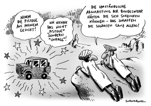 Cartoon: Neuer Vorfall in Afghanistan (medium) by Schwarwel tagged afghanistan,krieg,soldat,bundeswehr,armee,kamerad,waffe,vorfall,unfall,schießen,pistole,gefreiter,karikatur,schwarwel,afghanistan,krieg,soldat,bundeswehr,armee,waffe