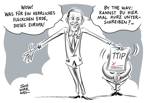 Cartoon: Obama in Hannover TTIP (medium) by Schwarwel tagged barack,obama,besuch,hannover,deutschland,us,usa,angela,merkel,lob,europa,werbung,promotion,ttip,freihandelsabkommen,karikatur,schwarwel,krieg,terror,geflüchtete,flüchtlinge,flüchtlingspolitik,g5,regierungschefs,gipfel,präsident,barack,obama,besuch,hannover,deutschland,us,usa,angela,merkel,lob,europa,werbung,promotion,ttip,freihandelsabkommen,karikatur,schwarwel,krieg,terror,geflüchtete,flüchtlinge,flüchtlingspolitik,g5,regierungschefs,gipfel,präsident