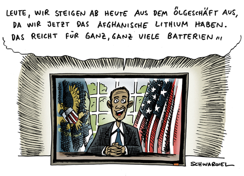 Cartoon: Obamas Energie Rede (medium) by Schwarwel tagged energie,rede,barack,obama,fund,afghanische,rohstoffe,öl,ölgeschäft,lithium,karikatur,schwarwel