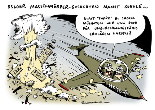 Cartoon: Oslo Gutachten vs Pakistan (medium) by Schwarwel tagged oslo,gutachten,massenmord,massenmoerder,tod,breivik,unzurechnungsfähig,strafe,verbrechen,nato,angriff,waffen,gewalt,terror,pakistan,krieg,grenzposten,international,karikatur,schwarwel,oslo,gutachten,massenmord,massenmoerder,tod,breivik,unzurechnungsfähig,strafe,verbrechen,waffen,nato,pakistan,gewalt,terror