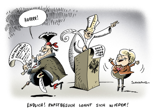 Cartoon: Papstbesuch in Deutschland (medium) by Schwarwel tagged pabst,pabstbesuch,besuch,deutschland,kirche,religion,oberhaupt,staat,merkel,angela,angie,politik,geld,wirtschaft,finanzen,macht,freibrief,euro,eurozone,kritik,benedikt,europa,krise,finanzmarkt,pontifex,bischof,katholik,katholisch,karikatur,schwarwel,papst,papstbesuch,besuch,religion,kirche