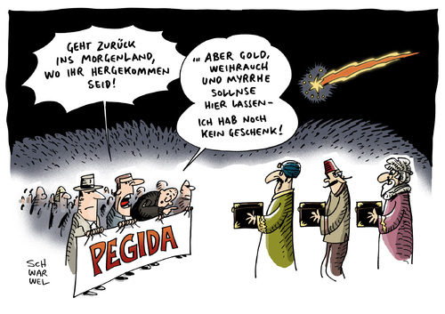 Cartoon: Pegida Anti Islam Bewegung (medium) by Schwarwel tagged pegida,anti,islam,bewegung,merkel,verurteilung,weihnachten,morgenland,nazis,rechts,myrrhe,weihrauch,gold,demo,demonstration,karikatur,schwarwel,pegida,anti,islam,bewegung,merkel,verurteilung,weihnachten,morgenland,nazis,rechts,myrrhe,weihrauch,gold,demo,demonstration,karikatur,schwarwel