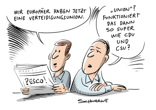 Cartoon: PESCO (medium) by Schwarwel tagged pesco,verteidigungsbündnis,europäer,europa,cdu,csu,union,verteidigung,eu,europäische,verteidigungsunion,verteidigungspolitik,politik,politiker,brüssel,permanent,structured,cooperation,verteidigungspakt,mitgliedstaaten,militär,kamptruppen,ständige,strukturierte,zusammenarbeit,karikatur,schwarwel,pesco,verteidigungsbündnis,europäer,europa,cdu,csu,union,verteidigung,eu,europäische,verteidigungsunion,verteidigungspolitik,politik,politiker,brüssel,permanent,structured,cooperation,verteidigungspakt,mitgliedstaaten,militär,kamptruppen,ständige,strukturierte,zusammenarbeit,karikatur,schwarwel