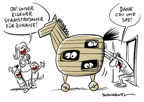 Cartoon: Polizeigesetz Staatstrojaner (medium) by Schwarwel tagged bundespolizeigesetz,polizei,polizeigesetz,staatstrojaner,groko,spd,saskia,esken,kevin,kühnert,trojanisches,pferd,cdu,csu,union,große,koalition,software,sicherheit,sicherheitsbehörde,telekommunikationsüberwachung,whatsapp,lizenz,zum,hacken,geheimdienst,freiheit,freiheitsrechte,quellen,tkü,nachrichtendienste,rechtsextremismus,frühwarnsystem,verfassungsschutz,cartoon,karikatur,schwarwel,bundespolizeigesetz,polizei,polizeigesetz,staatstrojaner,groko,spd,saskia,esken,kevin,kühnert,trojanisches,pferd,cdu,csu,union,große,koalition,software,sicherheit,sicherheitsbehörde,telekommunikationsüberwachung,whatsapp,lizenz,zum,hacken,geheimdienst,freiheit,freiheitsrechte,quellen,tkü,nachrichtendienste,rechtsextremismus,frühwarnsystem,verfassungsschutz,cartoon,karikatur,schwarwel