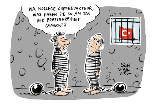 Cartoon: Pressefreiheit in Gefahr (medium) by Schwarwel tagged pressefreiheit,presse,journalisten,journalist,meinungsfreiheit,medien,türkei,ankara,erdogan,redakteur,chefredakteur,gefängnis,knast,world,press,freedom,day,demokratie,diktatur,unesco,reporter,ohne,grenzen,geiselnahme,inhaftierung,deniz,yücel,cartoon,karikatur,schwarwel,pressefreiheit,presse,journalisten,journalist,meinungsfreiheit,medien,türkei,ankara,erdogan,redakteur,chefredakteur,gefängnis,knast,world,press,freedom,day,demokratie,diktatur,unesco,reporter,ohne,grenzen,geiselnahme,inhaftierung,deniz,yücel,cartoon,karikatur,schwarwel