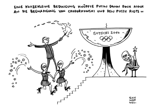 Cartoon: Putin Chodorkowski Pussy Riot (medium) by Schwarwel tagged putin,chodorkowski,pussy,riot,amnestie,begnadigung,sotschi,2014,karikatur,schwarwel,putin,chodorkowski,pussy,riot,amnestie,begnadigung,sotschi,2014,karikatur,schwarwel