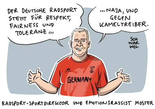 Cartoon: Rassismus-Eklat beim Radsport (medium) by Schwarwel tagged olympia,tokio,sport,radsport,rassismus,sportdirektor,kameltreiber,rassist,migrationshintergrund,migration,diskriminierung,rechtsextremismus,cartoon,karikatur,schwarwel,olympia,tokio,sport,radsport,rassismus,sportdirektor,kameltreiber,rassist,migrationshintergrund,migration,diskriminierung,rechtsextremismus,cartoon,karikatur,schwarwel