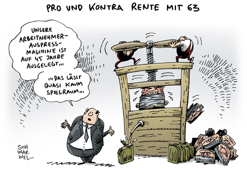 Cartoon: Rente mit 63 (medium) by Schwarwel tagged rente,63,jahre,grenze,cdu,vize,klöckner,karikatur,schwarwel,pro,kontra,arbeit,job,sozial,arbeitnehmer,arbeitgeber,rente,63,jahre,grenze,cdu,vize,klöckner,karikatur,schwarwel,pro,kontra,arbeit,job,sozial,arbeitnehmer,arbeitgeber