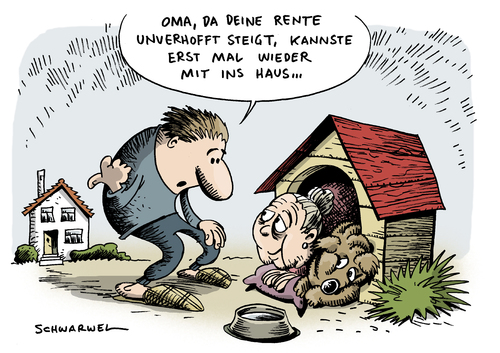 Cartoon: Rente steigt wider erwarten an (medium) by Schwarwel tagged rente,anstieg,senioren,oma,opa,geld,lohn,regierung,politik,deutschland,karikatur,schwarwel,rente,anstieg,senioren,oma,opa,geld,lohn,rentner,rentenempfänger