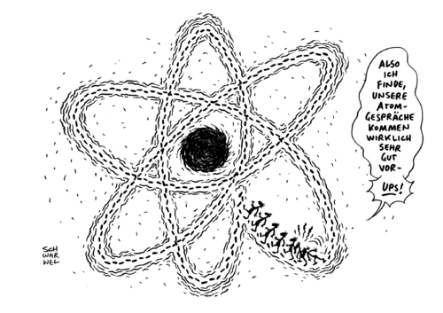 Cartoon: Atom Gespräche Iran (medium) by Schwarwel tagged natur,umwelt,schwarwel,karikatur,atom,vertagt,ergebnislos,iran,verhandlungen,atomgespräche,rot,schwarz,kürzung,förderung,energiewende,windrad,solar,einsparung,natur,umwelt,öko