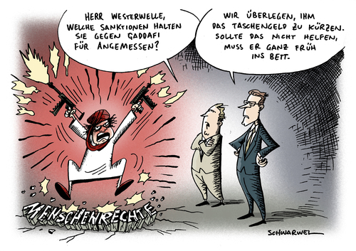 Cartoon: Sanktionen gegen Gaddafi (medium) by Schwarwel tagged geld,krieg,gewalt,kampf,westerwelle,waffe,terror,tripolis,regime,staat,macht,politik,protest,sicherheit,polizei,militär,angst,unruhe,massaker,demonstration,karikatur,schwarwel,gaddafi,libyen,diktator,diktatur,armut,arbeit,geld,krieg,gewalt,kampf,guido westerwelle,waffe,terror,tripolis,regime,macht,staat,sicherheit,polizei,militär,angst,unruhe,massaker,demonstration,gaddafi,guido,westerwelle