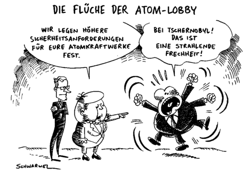 Cartoon: Schwarz-Grün versus Atom-Lobby (medium) by Schwarwel tagged angela,merkel,schwarz,grün,partei,regierung,cdu,grüne,atom,atomkraft,politik,politiker,karikatur,schwarwel