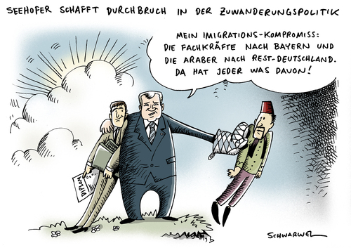 Cartoon: Seehofers Zuwanderungskompromiss (medium) by Schwarwel tagged seehofer,zuwanderung,kompromiss,durchbruch,politik,politiker,deutschland,regierung,einwander,einwanderung,csu,chef,partei,mann,rechts,populismus,ausland,fachkräfte,türkei,araber,kulturkreis,ausländer,bayern,präsident,minister,integration,fachkräftemangel,,horst seehofer,zuwanderung,durchbruch,regierung,deutschland,einwander,einwanderung,csu,populismus,ausland,araber,kulturkreis,horst,seehofer