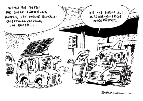 Cartoon: Solar Förderung Benzin (medium) by Schwarwel tagged solar,förderung,deutschland,senkung,krise,benzin,hoch,teuer,reghierung,strom,politik,energie,erneuerbar,solaranlage,sonne,natur,karikatur,schwarwel,förderung,deutschland,senkung,benzin,strom