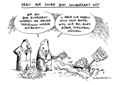 Cartoon: Solidarpakt Ost (medium) by Schwarwel tagged bürgermeister,ruhrgebiet,ruhrpott,ausstieg,solidarpakt,ost,osten,westen,mauer,deutschland,geld,wirtschaft,finanzen,karikatur,schwarwel,bürgermeister,ruhrgebiet,ruhrpott,ausstieg,solidarpakt,ost,westen,deutschland