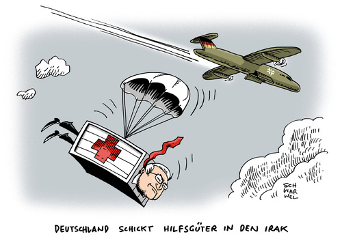 Cartoon: Steinmeier reist in den Irak (medium) by Schwarwel tagged irak,krise,waffenlieferung,waffen,gewalt,terror,krieg,hilfsgüter,außenminister,steinmeier,karikatur,schwarwel,flugzeug,armee,solaten,heer,panzer,rakete,irak,krise,waffenlieferung,waffen,gewalt,terror,krieg,hilfsgüter,außenminister,steinmeier,karikatur,schwarwel,flugzeug,armee,solaten,heer,panzer,rakete