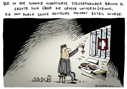 Cartoon: Steuerfahnder Haftbefehl (medium) by Schwarwel tagged schweiz,steuerfahder,haftbefehl,knast,gefängnis,spd,bundesverdienstkreuz,fahnder,verbrechen,vergehen,karikatur,schwarwel,steuerfahder,haftbefehl,knast,gefängnis,bundesverdienstkreuz,fahnder,verbrechen,schweiz