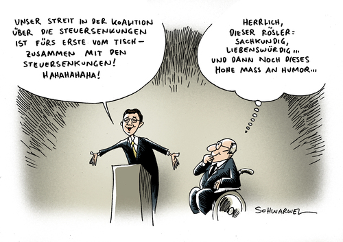 Cartoon: Steuersenkungen (medium) by Schwarwel tagged steuer,senkung,verzicht,koalition,streit,partei,deutschland,staat,politik,rösler,karikatur,schwarwel,steuer,senkung,koalition,verzicht,streit,partei,deutschland,rösler