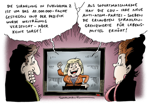 Cartoon: Strahlenwerte (medium) by Schwarwel tagged cdu,atom,anti,partei,japan,strahlung,reaktur,explosion,tsunami,katastrofe,umwelt,natur,zerstörung,strom,fukushima,radioaktiv,pazifik,seuche,verseucht,grenzwert,erhöhung,lebensmittel,akw,ausstieg,gau,gefahr,deutschlabnd,politik,angela,merkel,mensch,tier,energie,kernenergie,karikatur,schwarwel,cdu,atom,anti,partei,japan,strahlung,reaktur,explosion,tsunami,katastrofe,umwelt,zerstörung,strom,fukushima,seuche,verseucht,grenzwert,erhöhung,lebensmittel,atomkraft