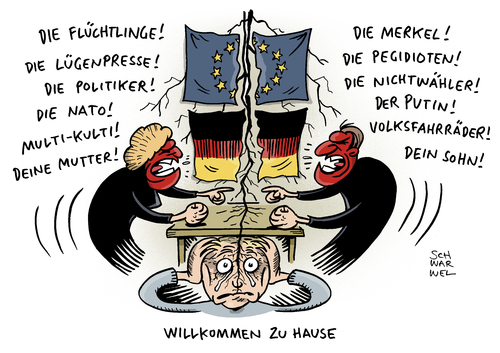 Cartoon: Streit um Flüchtlingspolitik (medium) by Schwarwel tagged streit,um,flüchtlingspolitik,deutsche,gesellschaft,tief,gespalten,geflüchtete,flüchtlinge,asyl,asylsuchende,asylpolitik,lügenpresse,merkel,wahl,nichtwähler,politiker,nato,pegida,putin,karikatur,schwarwel,streit,um,flüchtlingspolitik,deutsche,gesellschaft,tief,gespalten,geflüchtete,flüchtlinge,asyl,asylsuchende,asylpolitik,lügenpresse,merkel,wahl,nichtwähler,politiker,nato,pegida,putin,karikatur,schwarwel