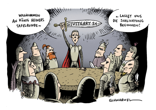 Cartoon: Stuttgart 21 Schlichtung (medium) by Schwarwel tagged heiner,geißler,schlichtung,ritter,tafelrunde,stuttgart,21,vorteil,s21,kampf,gegner,milliarde,projekt,polizei,schutz,volksbegehren,landtag,deutschland,streit,regierung,politik,widerstand,bahnhof,umbau,protest,eskalation,räumung,wasserwerfer,gewalt,parkschü,stuttgart 21,kampf,milliarde,projekt,landtag,deutschland,regierung,bahn,stuttgart,21