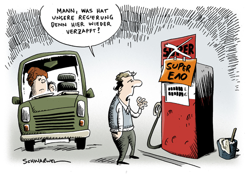 Cartoon: Super E10 Fehler Regierung (medium) by Schwarwel tagged super,e10,einführung,regierung,deutschland,politik,sprit,benzin,tankstelle,öl,karikatur,schwarwel,treibstoff,auto,fahrer,kfz,konzern,umwelt,bio,diesel,klima,energie,motor,einführung,regierung,deutschland,politik,sprit,benzin,tankstelle,öl,treibstoff,auto,fahrer,kfz,konzern,bio,umwelt,diesel,klima,energie,motor