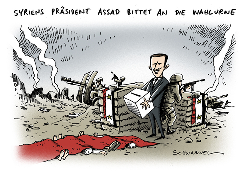 Cartoon: Syrien Abstimmung Krieg (medium) by Schwarwel tagged gewalt,waffe,gegner,regime,abstimmung,referndum,assad,präsident,syrien,schwarwel,kariaktur,terror,krieg,syrien,präsident,assad,referndum,regime,waffe,gewalt,terror