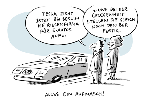 Cartoon: Tesla Fabrik Berlin Emobilität (medium) by Schwarwel tagged tesla,fabrik,berlin,emobilität,autokonzern,auto,autos,automobilindustrie,arbeit,job,lohn,gehalt,arbeitsplätze,arbeitnehmer,arbeitgeber,elektroautos,stromspeicheranlage,photovoltaikanlage,fahrzeuge,wirtschaft,finanzen,automobilbranche,cartoon,karikatur,schwarwel,tesla,fabrik,berlin,emobilität,autokonzern,auto,autos,automobilindustrie,arbeit,job,lohn,gehalt,arbeitsplätze,arbeitnehmer,arbeitgeber,elektroautos,stromspeicheranlage,photovoltaikanlage,fahrzeuge,wirtschaft,finanzen,automobilbranche,cartoon,karikatur,schwarwel