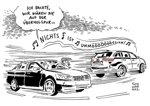 Cartoon: Toyota überholt Volkswagen (medium) by Schwarwel tagged auto,atohersteller,toyota,vw,volkswagen,weltweit,verkauf,geld,finanzen,wirtschaft,überholt,überholspu,karikatur,schwarwel,auto,atohersteller,toyota,vw,volkswagen,weltweit,verkauf,geld,finanzen,wirtschaft,überholt,überholspu,karikatur,schwarwel