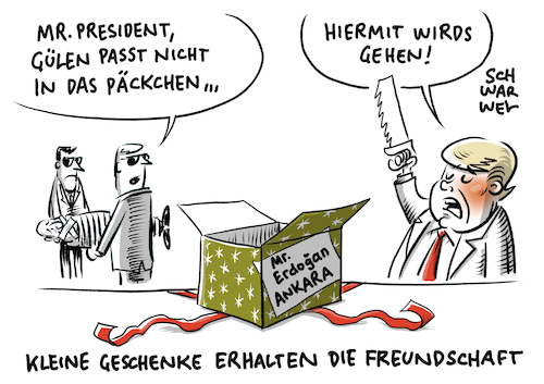 Cartoon: Trump Auslieferung Gülen (medium) by Schwarwel tagged donald,trump,us,usa,amerika,america,president,präsident,gülen,auslieferung,erdogan,türkei,ankara,islam,islamischer,prediger,weißes,haus,cartoon,karikatur,schwarwel,donald,trump,us,usa,amerika,america,president,präsident,gülen,auslieferung,erdogan,türkei,ankara,islam,islamischer,prediger,weißes,haus,cartoon,karikatur,schwarwel