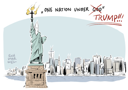 Cartoon: Trump Einreisestopp Muslime (medium) by Schwarwel tagged trump,donald,freiheitsstatue,us,usa,amerika,prösident,president,dekret,einreisestopp,einreise,muslime,freiheit,gerechtigkeit,grenze,mauer,rassismus,fremdenfeindlichkeit,rassenhass,kuckucksclan,republikaner,einreisebeschränkung,ausländer,migration,abschiebung,flüchtlinge,geflüchtete,exekutiv,verfassung,exekutivgewalt,präsidentenerlass,muslimbam,religion,religiöse,islam,islamistisch,terror,karikatur,schwarwel,trump,donald,freiheitsstatue,us,usa,amerika,prösident,president,dekret,einreisestopp,einreise,muslime,freiheit,gerechtigkeit,grenze,mauer,rassismus,fremdenfeindlichkeit,rassenhass,kuckucksclan,republikaner,einreisebeschränkung,ausländer,migration,abschiebung,flüchtlinge,geflüchtete,exekutiv,verfassung,exekutivgewalt,präsidentenerlass,muslimbam,religion,religiöse,islam,islamistisch,terror,karikatur,schwarwel