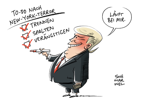 Cartoon: Trump und der Terror (medium) by Schwarwel tagged trump,donald,us,usa,amerika,präsident,president,america,first,make,great,again,terror,terroranschlag,new,york,krieg,gewalt,politik,politiker,karikatur,schwarwel,trump,donald,us,usa,amerika,präsident,president,america,first,make,great,again,terror,terroranschlag,new,york,krieg,gewalt,politik,politiker,karikatur,schwarwel