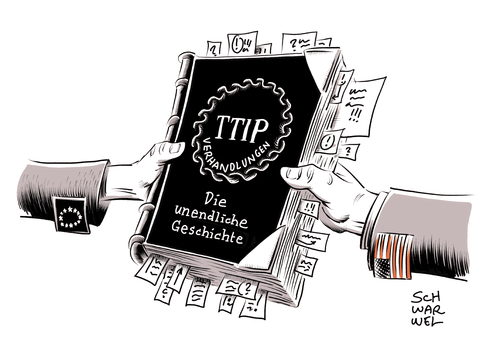 Cartoon: TTIP Freihandelsabkommen (medium) by Schwarwel tagged geleaktes,freihandelsabkommen,ttip,eu,europäische,union,kommission,scheitern,die,unendliche,geschichte,karikatur,schwarwel,geleaktes,freihandelsabkommen,ttip,eu,europäische,union,kommission,scheitern,die,unendliche,geschichte,karikatur,schwarwel