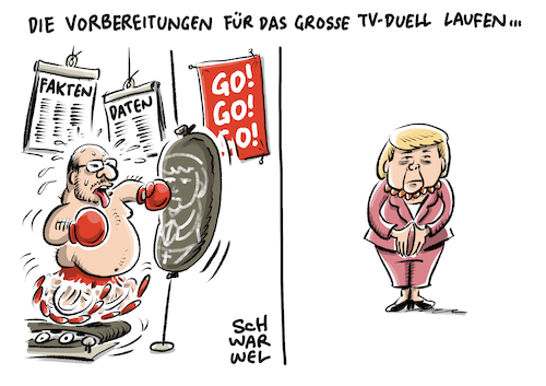 Cartoon: TV Duell Merkel Schulz (medium) by Schwarwel tagged bundestagswahl,bundestagswahlkampf,wahlkampf,wahl,wahlen,wählen,wähler,angela,merkel,angie,martin,schulz,soziale,gerechtigkeit,tv,duell,politiker,politik,kanzlerin,kanzlerkandidat,kanzler,bundeskanzlerin,bundeskanzler,kandidat,spd,cdu,parteien,wahlplakat,fernsehen,bildung,rente,flüchtlinge,geflüchtete,flüchtlingskrise,karikatur,schwarwel,bundestagswahl,bundestagswahlkampf,wahlkampf,wahl,wahlen,wählen,wähler,angela,merkel,angie,martin,schulz,soziale,gerechtigkeit,tv,duell,politiker,politik,kanzlerin,kanzlerkandidat,kanzler,bundeskanzlerin,bundeskanzler,kandidat,spd,cdu,parteien,wahlplakat,fernsehen,bildung,rente,flüchtlinge,geflüchtete,flüchtlingskrise,karikatur,schwarwel