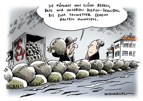 Cartoon: Überschwemmung Dioxin-Skandal (medium) by Schwarwel tagged überschwemmung,tauwetter,natur,wetter,wasser,fluß,sand,säcke,dioxin,gift,lebensmittel,schwein,ei,huhn,nahrung,verseucht,futter,tier,mensch,skandal,karikatur,schwarwel,überschwemmung,tauwetter,natur,wetter,wasser,fluß,sand,säcke,dioxin,gift,lebensmittel,schwein,verseucht,nahrung,futter,tier,skandal