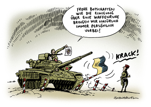 Cartoon: Ukraine Gipfel Waffenruhe (medium) by Schwarwel tagged ukraine,gipfel,waffenruhe,vereinbarung,kiew,vericht,russische,panzer,grenze,russland,putin,karikatur,schwarwel,ukraine,gipfel,waffenruhe,vereinbarung,kiew,vericht,russische,panzer,grenze,russland,putin,karikatur,schwarwel