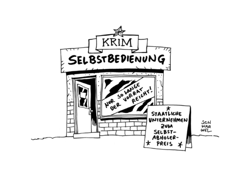 Cartoon: Ukraine Krim Staatsunternehmen (medium) by Schwarwel tagged ukraine,krim,führung,abspaltung,kiew,ukrainische,staatsunternehmen,beschlagnahme,karikatur,schwarwel,ukraine,krim,führung,abspaltung,kiew,ukrainische,staatsunternehmen,beschlagnahme,karikatur,schwarwel