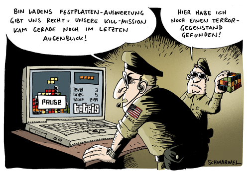 Cartoon: USA und Bin Ladens Festplatte (medium) by Schwarwel tagged usa,bin,laden,pflicht,handeln,moral,tod,qaida,chef,us,soldaten,mord,gewalt,waffen,erschießen,kugel,pakistan,geheimdienst,attacke,osama,terror,barack,obama,militär,karikatur,schwarwel,experte,festplatte,daten,computer,fahnder,sonderkommando,einsatz,cia,usa,osama bin laden,handeln,tod,moral,qaida,chef,us,soldaten,mord,gewalt,waffen,erschießen,pakistan,attacke,terror,geheimdienst,obama,militär,osama,bin,laden