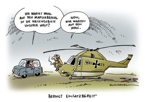 Cartoon: Waffensystem Bundeswehr Problem (medium) by Schwarwel tagged waffensystem,bundeswehr,problem,kriseneinsatz,krieg,armee,soldat,hubschrauber,panzer,waffe,waffen,gewalt,deutschland,marschbefehl,ukraine,krim,adac,einsatz,karikatur,schwarwel,waffensystem,bundeswehr,problem,kriseneinsatz,krieg,armee,soldat,hubschrauber,panzer,waffe,waffen,gewalt,deutschland,marschbefehl,ukraine,krim,adac,einsatz,karikatur,schwarwel