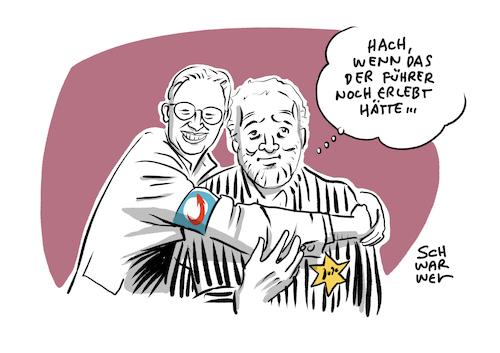 Cartoon: Weidel Broder AfD (medium) by Schwarwel tagged afd,alternative,für,deutschland,weidel,broder,medien,politik,partei,parteien,rechtspopulisten,rechtspopulismus,rechtsextremismus,rechtsextrem,rassismus,rassisten,welt,kolumnist,jude,juden,holocaust,auschwitz,kz,konzentrationslager,antsemitismus,nazi,nazis,neonazis,faschisten,faschismus,judenhass,gauland,vogelschiss,rechts,konservativ,rechtes,lager,rechtsruck,cartoon,karikatur,schwarwel,afd,alternative,für,deutschland,weidel,broder,medien,politik,partei,parteien,rechtspopulisten,rechtspopulismus,rechtsextremismus,rechtsextrem,rassismus,rassisten,welt,kolumnist,jude,juden,holocaust,auschwitz,kz,konzentrationslager,antsemitismus,nazi,nazis,neonazis,faschisten,faschismus,judenhass,gauland,vogelschiss,rechts,konservativ,rechtes,lager,rechtsruck,cartoon,karikatur,schwarwel