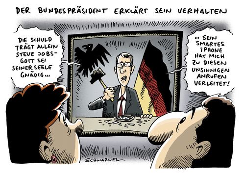 Cartoon: Wulff Fehlverhalten Schuld (medium) by Schwarwel tagged bundespräsident,wulff,erklärung,fehlverhalten,schuld,steve,jobs,bild,anruf,telefon,iphone,karikatur,schwarwel,bundespräsident,wulff,erklärung,fehlverhalten,steve jobs,bild,anruf,telefon,iphone,pressefreiheit,steve,jobs