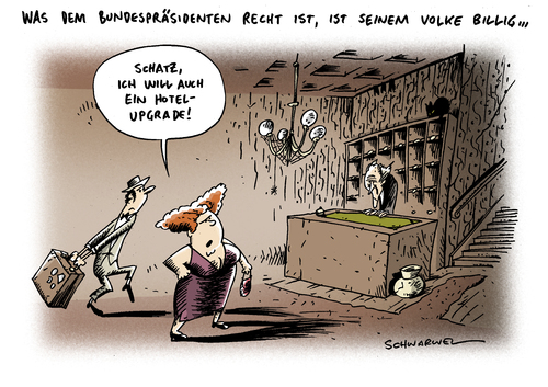 Cartoon: Wulff Hotel Upgrade (medium) by Schwarwel tagged bundespräsident,wulff,ministerpräsident,hotel,upgrade,oktoberfest,geld,finanzen,bestechung,karikatur,schwarwel,volk,politik,bundespräsident,wulff,ministerpräsident,oktoberfest,finanzen,bestechung